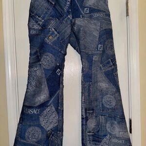 Versace Blue Flare Wide Leg Jeans with Intricate Design